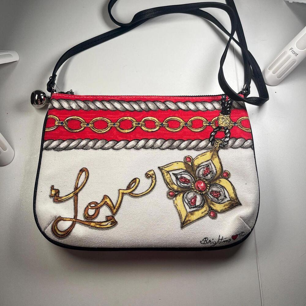 Brighton Vintage Love Canvas Crossbody Purse w/ Leather Tassle‎ jeweled pattern